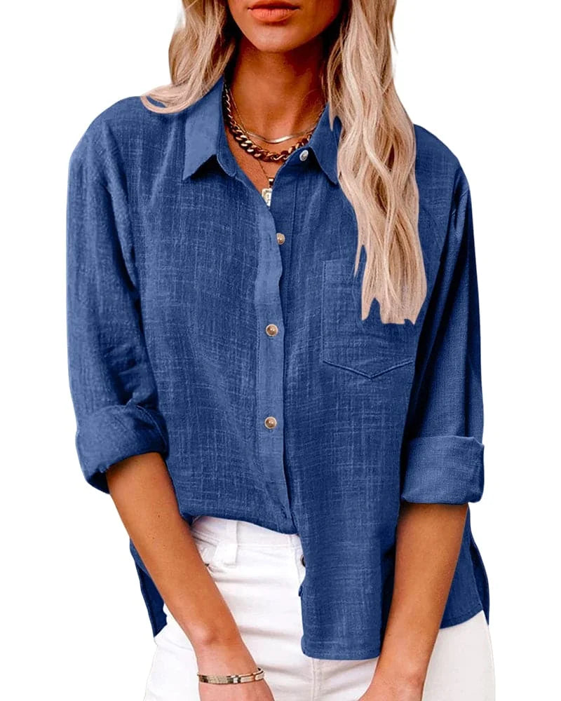 Blue Women's Long Sleeve Button Up Shirts — Poppy Relaxed Button-Front Pocket - Front Casual