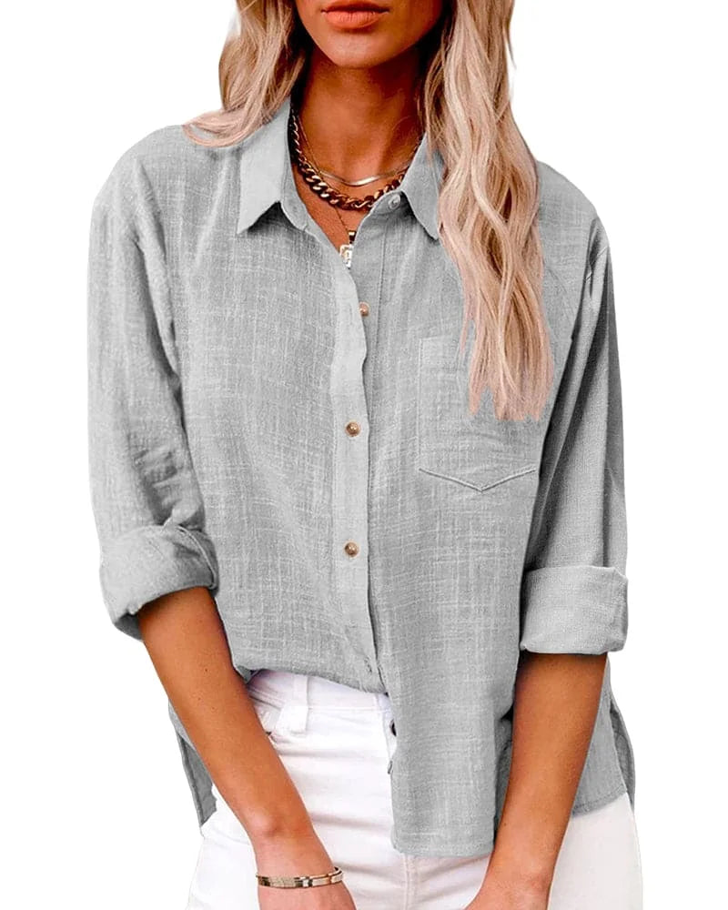 Gray Women's Long Sleeve Button Up Shirts — Poppy Relaxed Button-Front Pocket - Close Up Collar