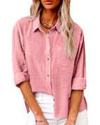 Pink Women's Long Sleeve Button Up Shirts — Poppy Relaxed Button-Front Pocket - Relaxed Pose