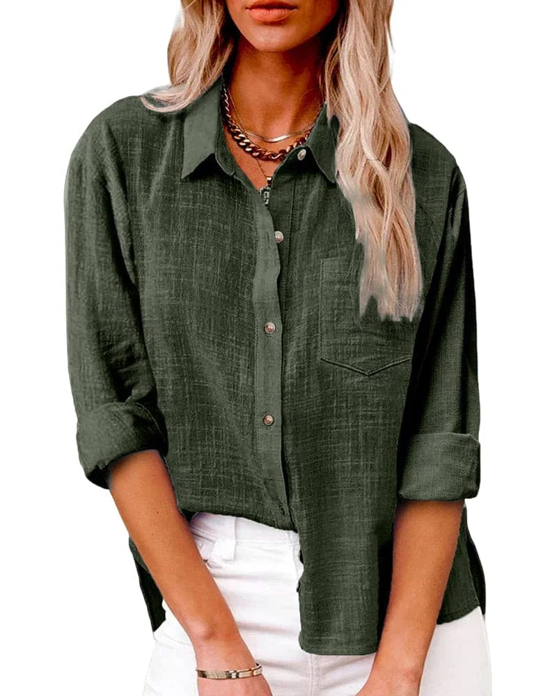 Vegetables Women's Long Sleeve Button Up Shirts — Poppy Relaxed Button-Front Pocket - Front Pose