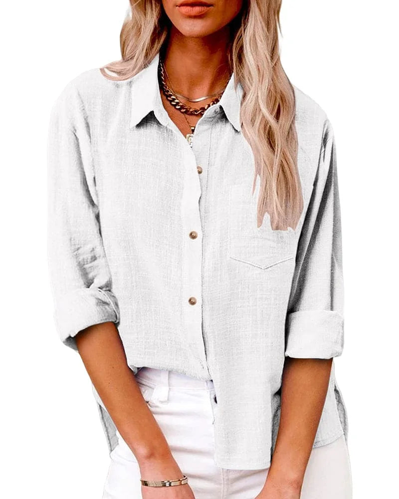 White Women's Long Sleeve Button Up Shirts — Poppy Relaxed Button-Front Pocket - Studio