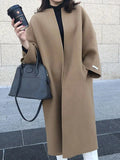 Beige Women's Long Wool Coat with Collarless Neckline & Relaxed Fit - Front Full