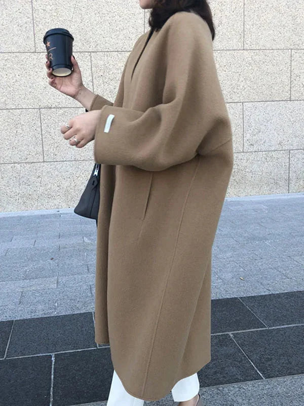 Women's Long Wool Coat with Collarless Neckline & Relaxed Fit - Side Profile