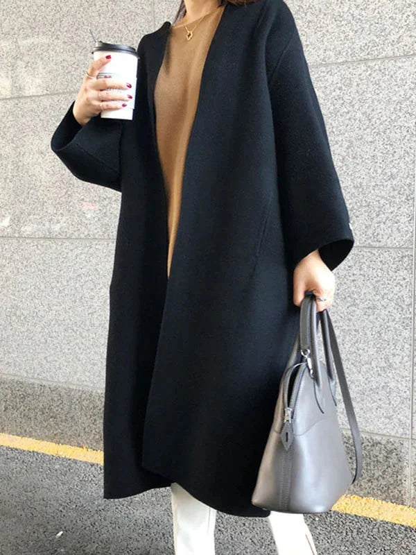 Women's Long Wool Coat with Collarless Neckline & Relaxed Fit - Front Closeup