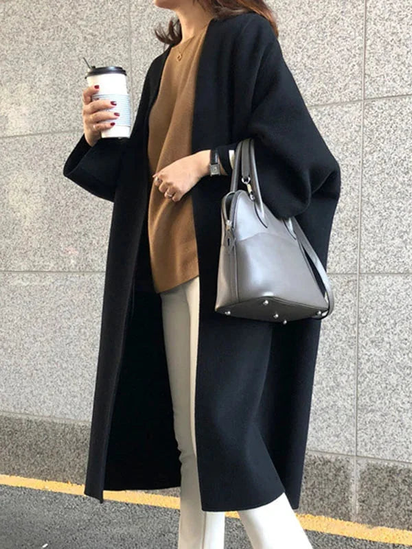 Women's Long Wool Coat with Collarless Neckline & Relaxed Fit - Open Front Worn