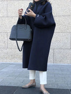 Navy Women's Long Wool Coat with Collarless Neckline & Relaxed Fit - Front Full Stance