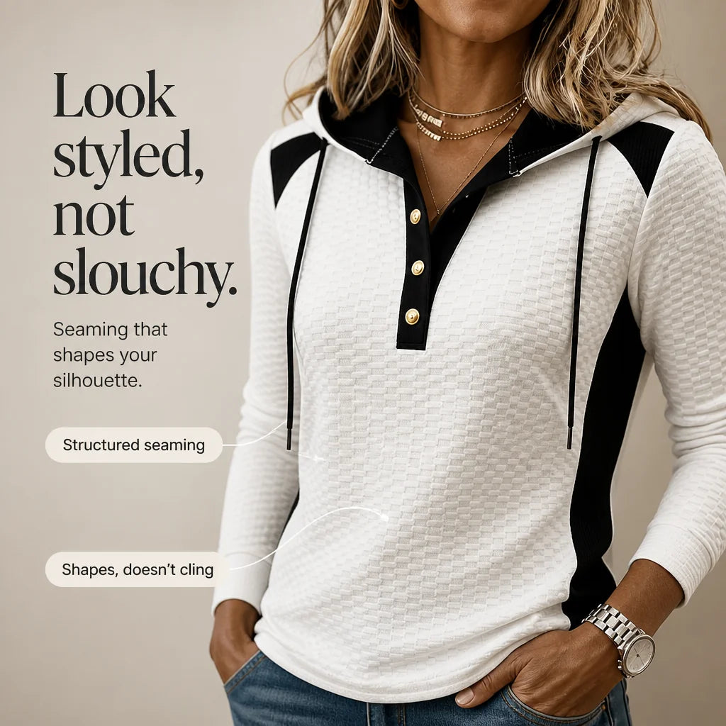 Women's Color Block Hoodie with Drawstring Hood & Relaxed Fit - Infographic Styled Not Slouchy