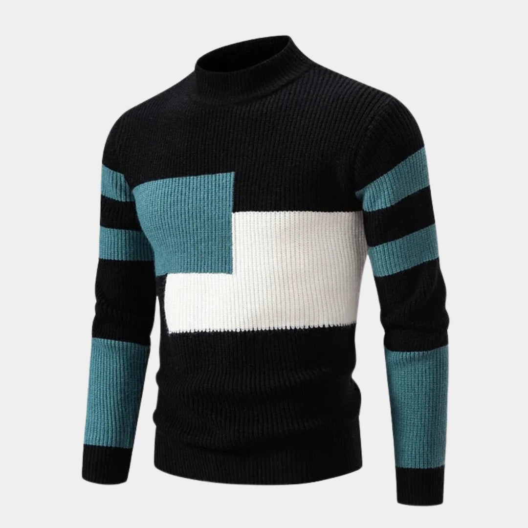 Black/Green/White Men's Ribbed Knit Sweater with Color-Block Panels & Mock Neck