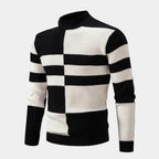 Black/White Men's Ribbed Knit Sweater with Color-Block Panels & Mock Neck