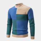 Blue/Green Men's Ribbed Knit Sweater with Color-Block Panels & Mock Neck