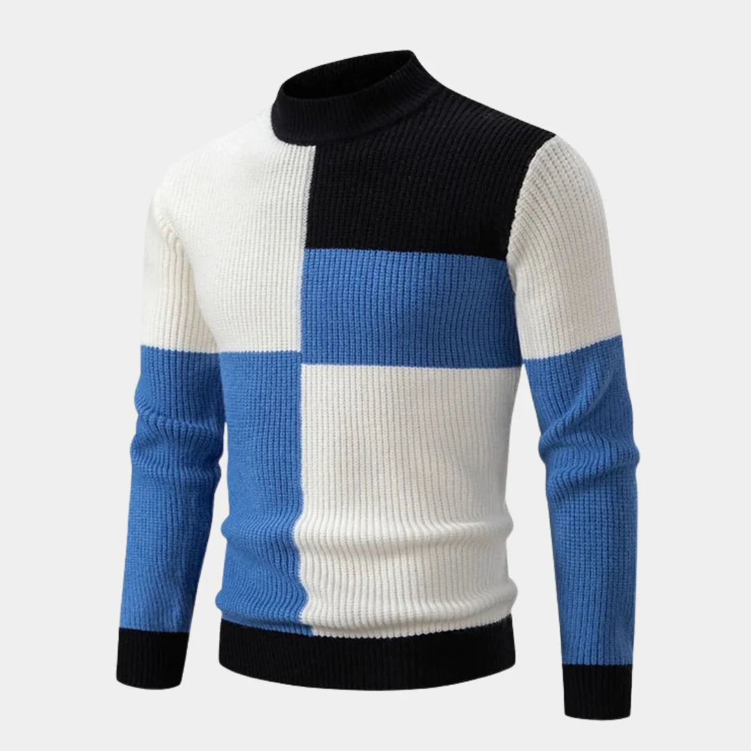 Blue/White/Black Men's Ribbed Knit Sweater with Color-Block Panels & Mock Neck