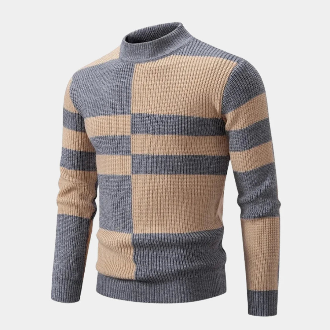 Gray/Khaki Men's Ribbed Knit Sweater with Color-Block Panels & Mock Neck