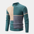 Green/Gray/Khaki Men's Ribbed Knit Sweater with Color-Block Panels & Mock Neck