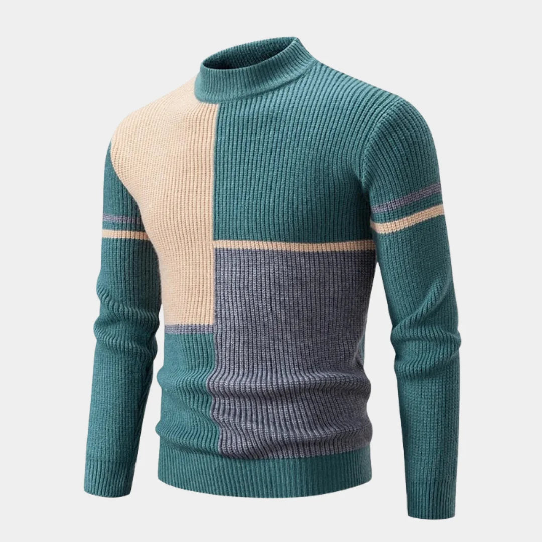 Green/Gray/Khaki Men's Ribbed Knit Sweater with Color-Block Panels & Mock Neck