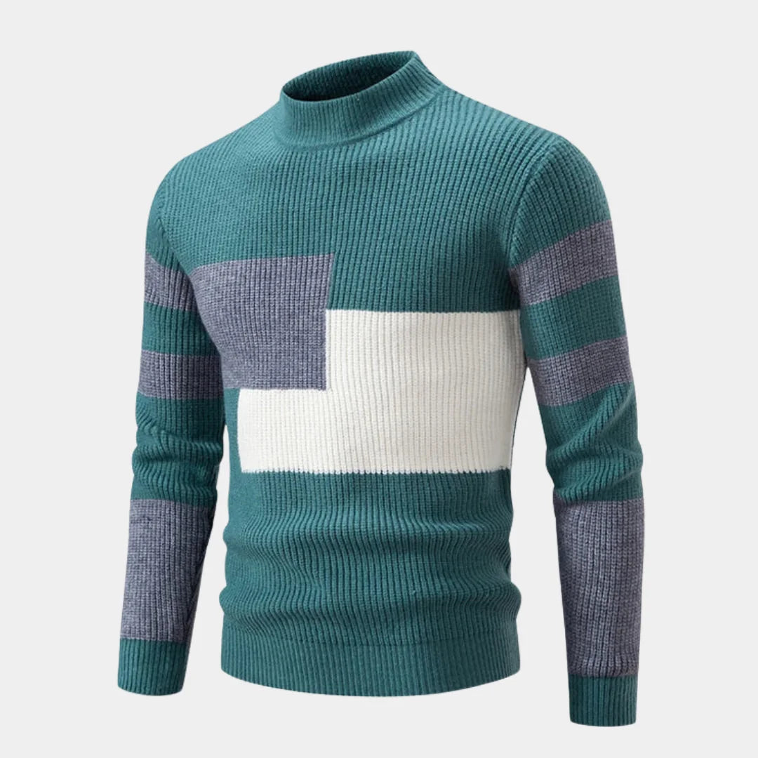 Green/Gray Men's Ribbed Knit Sweater with Color-Block Panels & Mock Neck