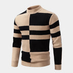 Khaki/Black Men's Ribbed Knit Sweater with Color-Block Panels & Mock Neck