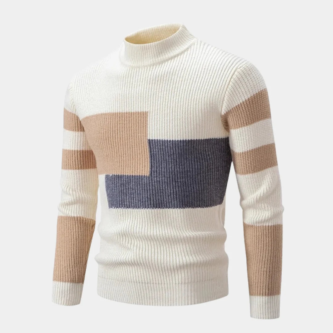 White/Khaki/Gray Men's Ribbed Knit Sweater with Color-Block Panels & Mock Neck