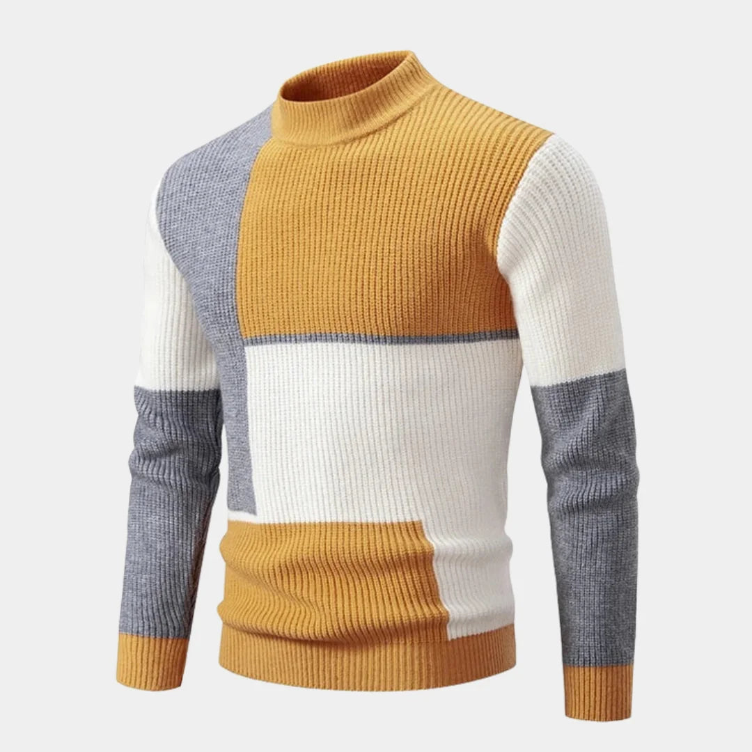 Yellow/Gray/White Men's Ribbed Knit Sweater with Color-Block Panels & Mock Neck