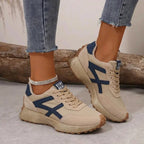 Beige Blue Women's Comfort Sneakers with Lace-Up Design & Cushioned Sole - Side Profile Pose