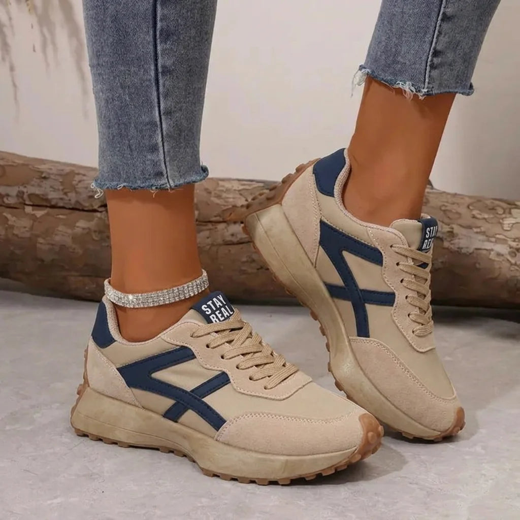 Beige Blue Women's Comfort Sneakers with Lace-Up Design & Cushioned Sole - Side Profile Pose