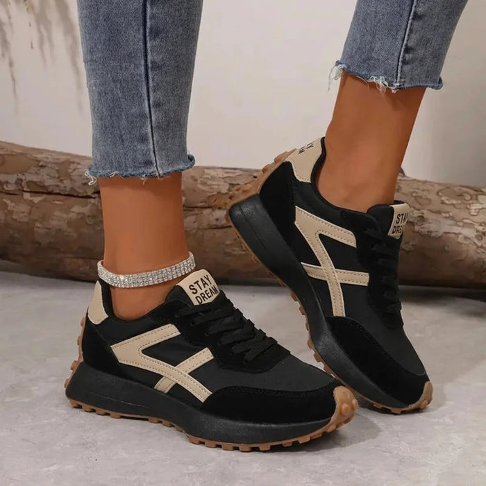 Black Women's Comfort Sneakers with Lace-Up Design & Cushioned Sole - Beige Outdoor Front Pose