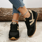 Black Beige Women's Comfort Sneakers with Lace-Up Design & Cushioned Sole - Crossed Stance Detail