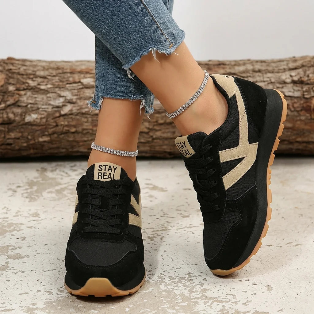 Black Beige Women's Comfort Sneakers with Lace-Up Design & Cushioned Sole - Crossed Stance Detail