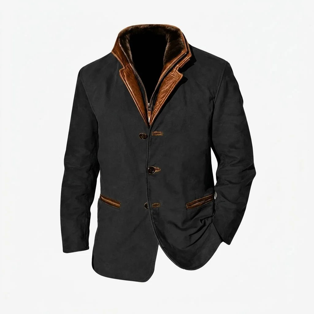 Black Men's Faux Fur Collar Jacket with Button-Front Closure & Tonal Trim