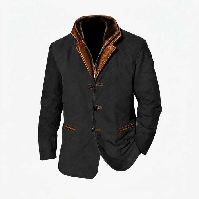 Black Men's Faux Fur Collar Jacket with Button-Front Closure & Tonal Trim