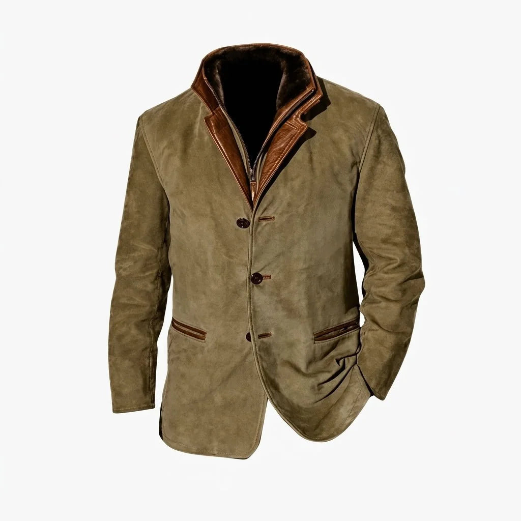 Khaki Men's Faux Fur Collar Jacket with Button-Front Closure & Tonal Trim