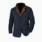 Navy Blue Men's Faux Fur Collar Jacket with Button-Front Closure & Tonal Trim