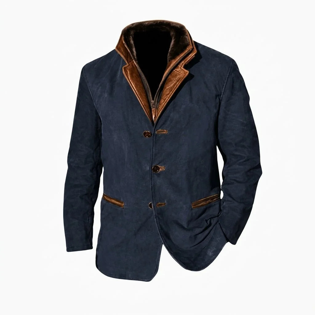 Navy Blue Men's Faux Fur Collar Jacket with Button-Front Closure & Tonal Trim