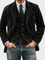 Black Men's Classic Blazer with Corduroy Texture & Layered Vest Detail — Edmund
