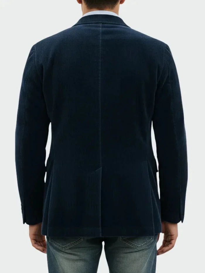 Blue Men's Classic Blazer with Corduroy Texture & Layered Vest Detail — Edmund - Back Full View