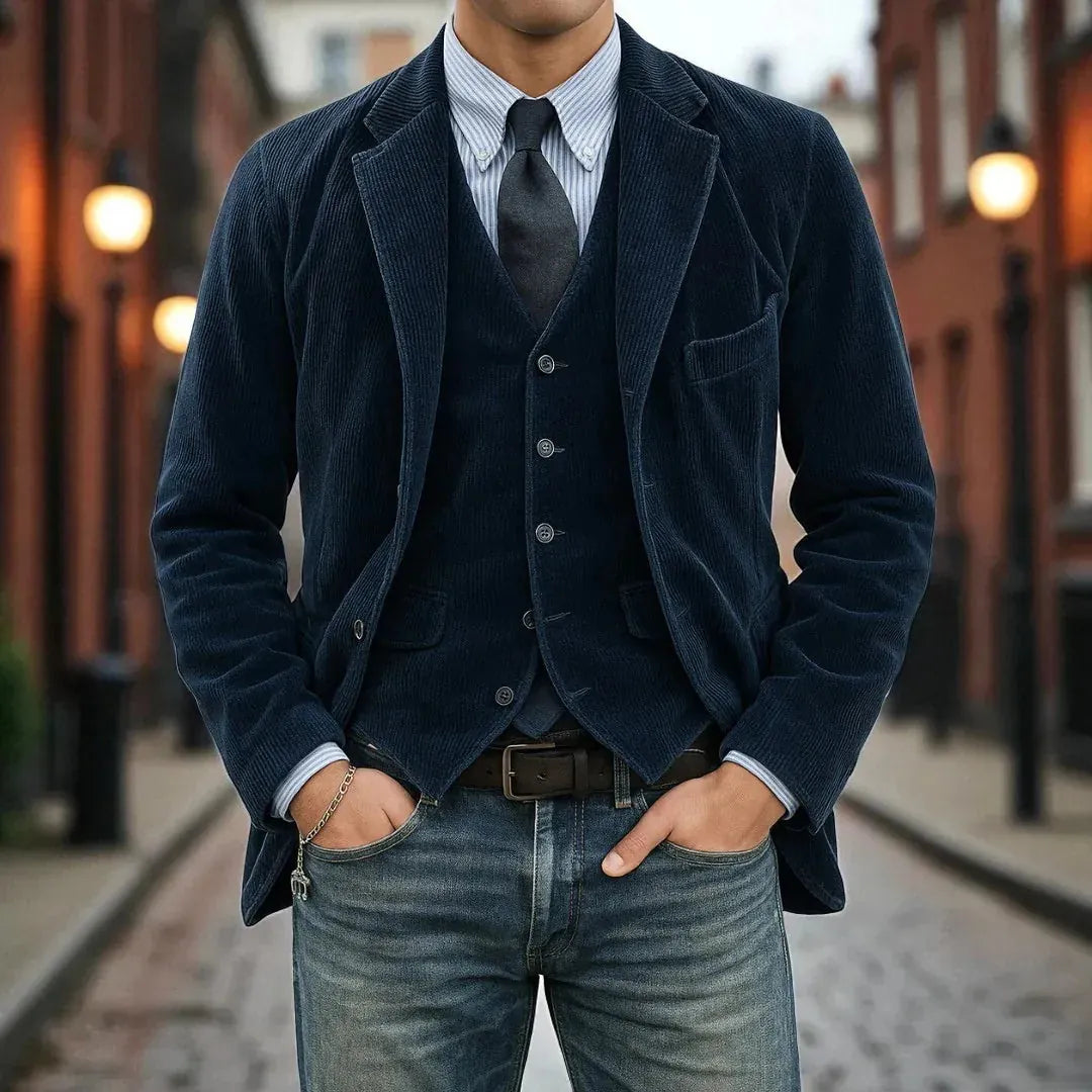 Blue Men's Classic Blazer with Corduroy Texture & Layered Vest Detail — Edmund - Outdoor Front Street