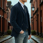 Blue Men's Classic Blazer with Corduroy Texture & Layered Vest Detail — Edmund - Outdoor Side Street