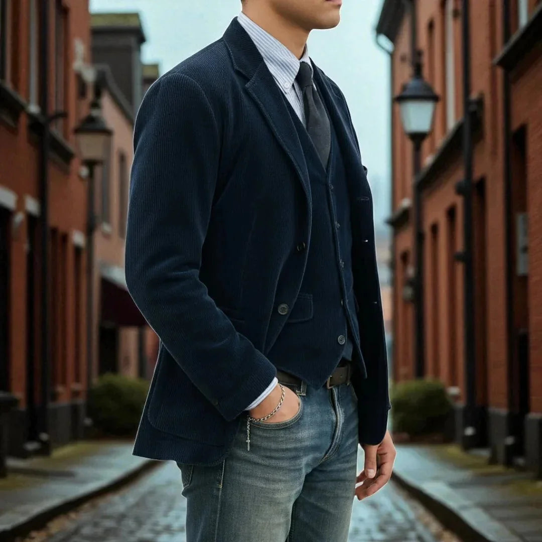 Blue Men's Classic Blazer with Corduroy Texture & Layered Vest Detail — Edmund - Outdoor Side Street