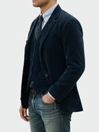 Blue Men's Classic Blazer with Corduroy Texture & Layered Vest Detail — Edmund - Side Profile Pose