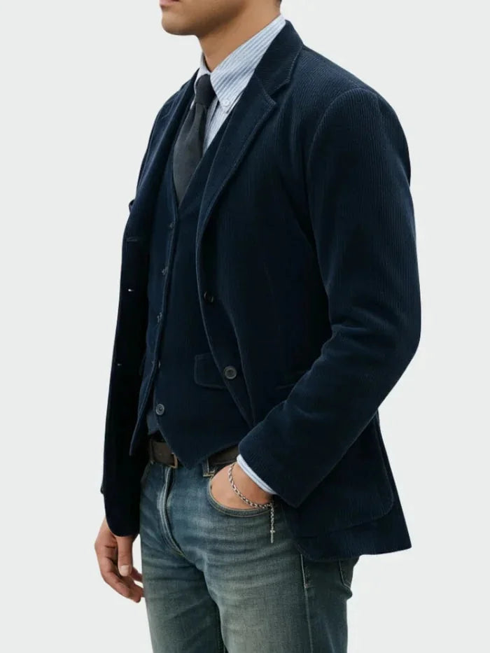 Blue Men's Classic Blazer with Corduroy Texture & Layered Vest Detail — Edmund - Side Profile Pose