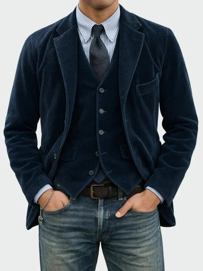 Blue Men's Classic Blazer with Corduroy Texture & Layered Vest Detail — Edmund