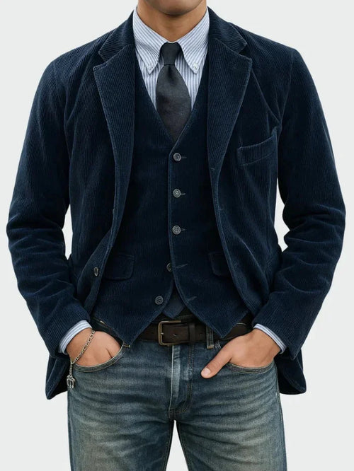 Blue Men's Classic Blazer with Corduroy Texture & Layered Vest Detail — Edmund
