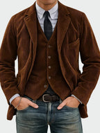 Brown Men's Classic Blazer with Corduroy Texture & Layered Vest Detail — Edmund