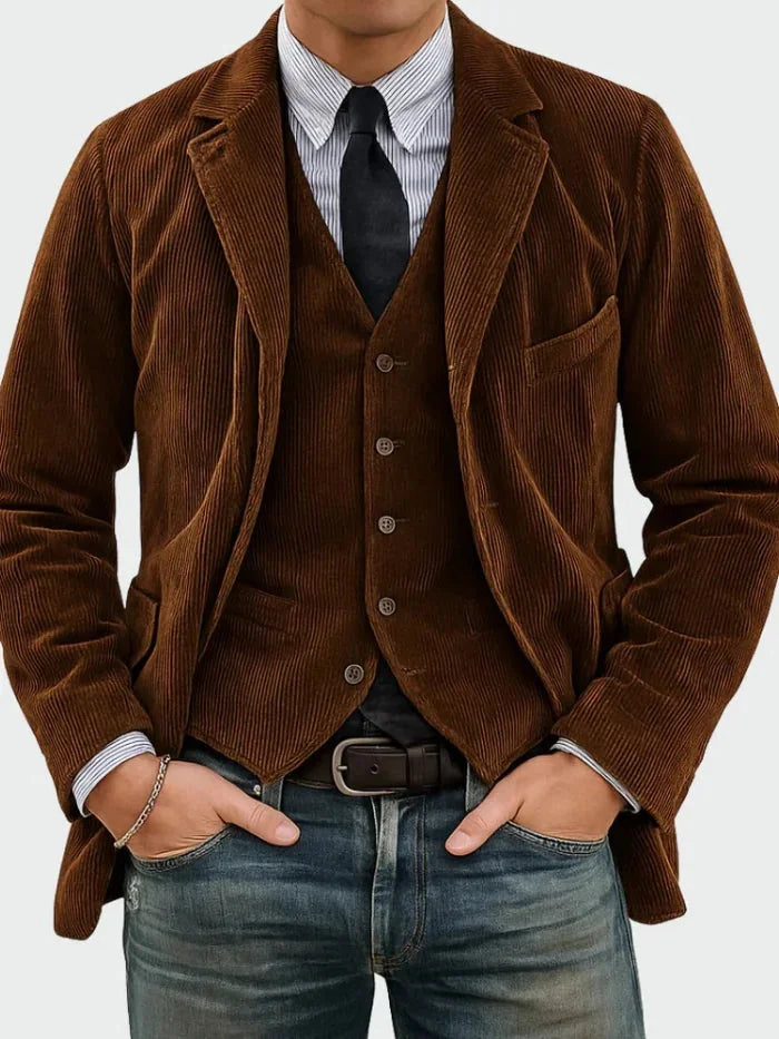 Brown Men's Classic Blazer with Corduroy Texture & Layered Vest Detail — Edmund
