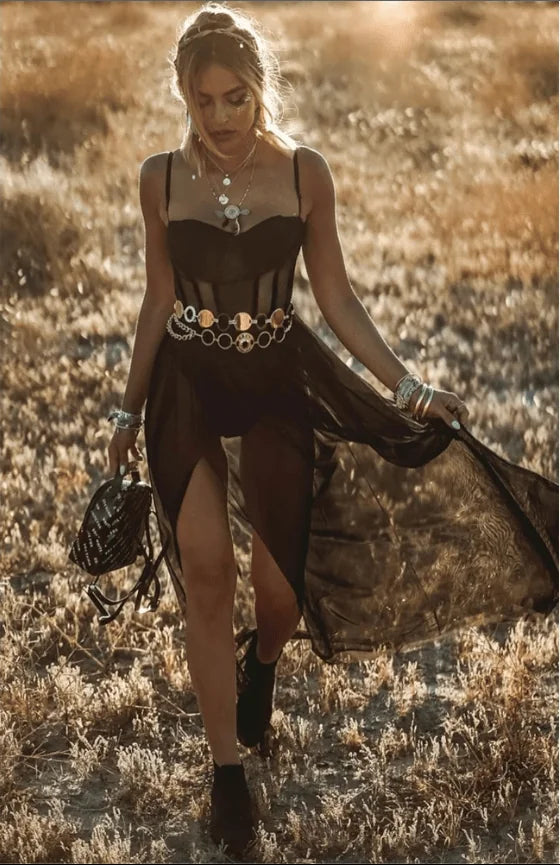 Black Women's Retro Festival Dress with Corset Bodice & Adjustable Straps