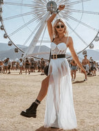 White Women's Retro Festival Dress with Corset Bodice & Adjustable Straps - Action Pose