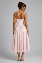 Women's Corset Midi Dress with Lace-Up Back & Full Skirt - Back Full