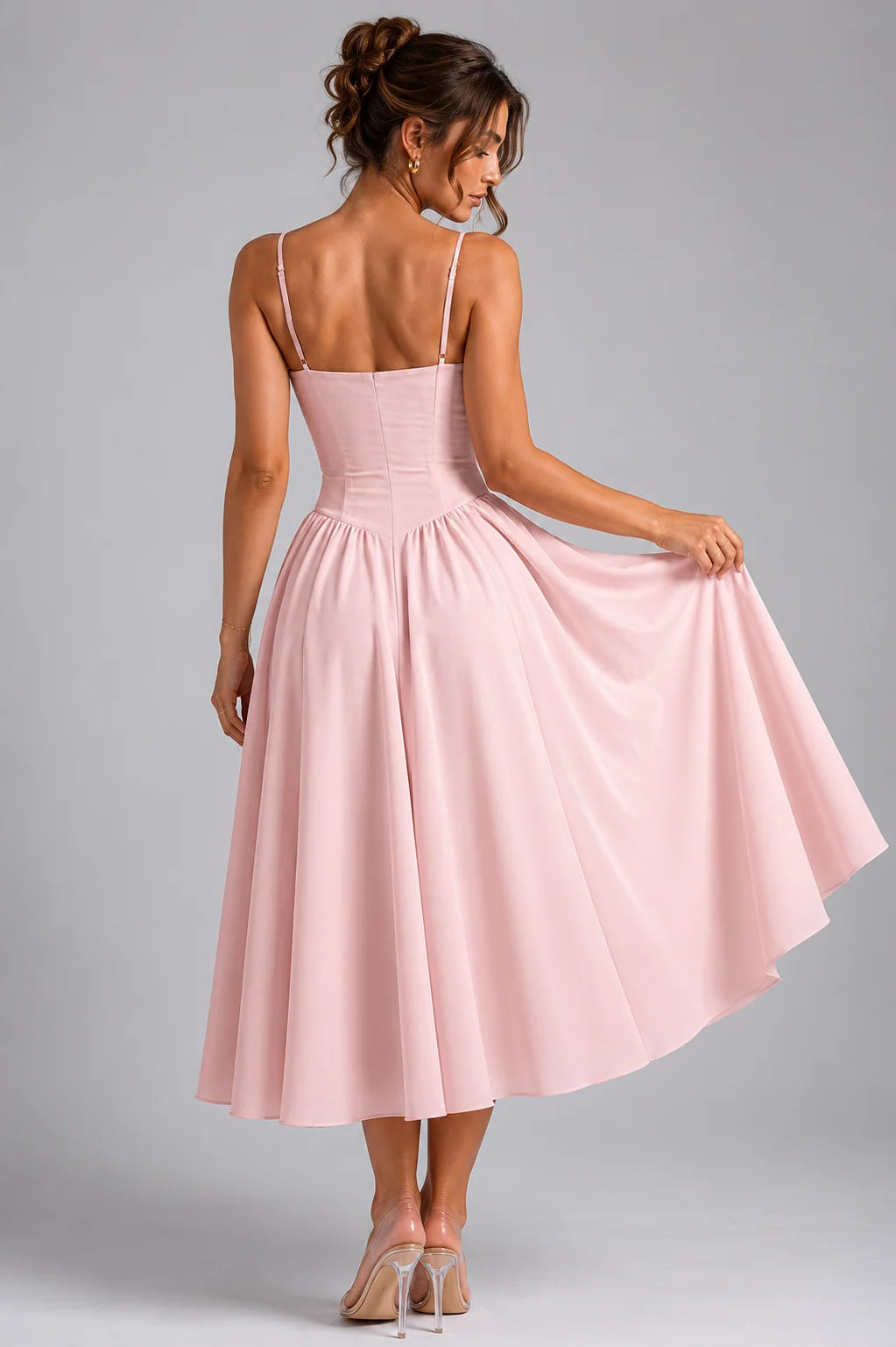 Women's Corset Midi Dress with Lace-Up Back & Full Skirt - Back Walking