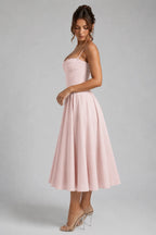 Blush Women's Corset Midi Dress with Lace-Up Back & Full Skirt — Winnie - Side Profile