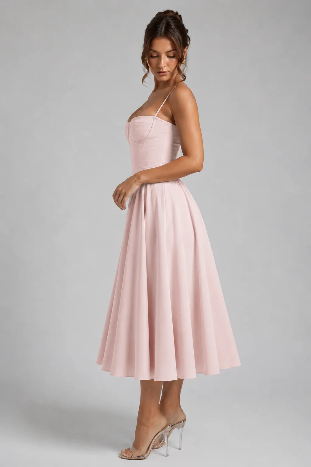 Blush Women's Corset Midi Dress with Lace-Up Back & Full Skirt — Winnie - Side Profile