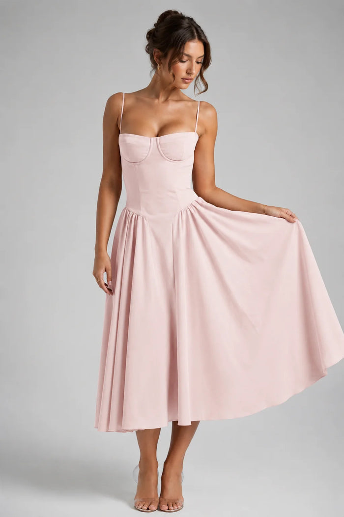 Blush Women's Corset Midi Dress with Lace-Up Back & Full Skirt